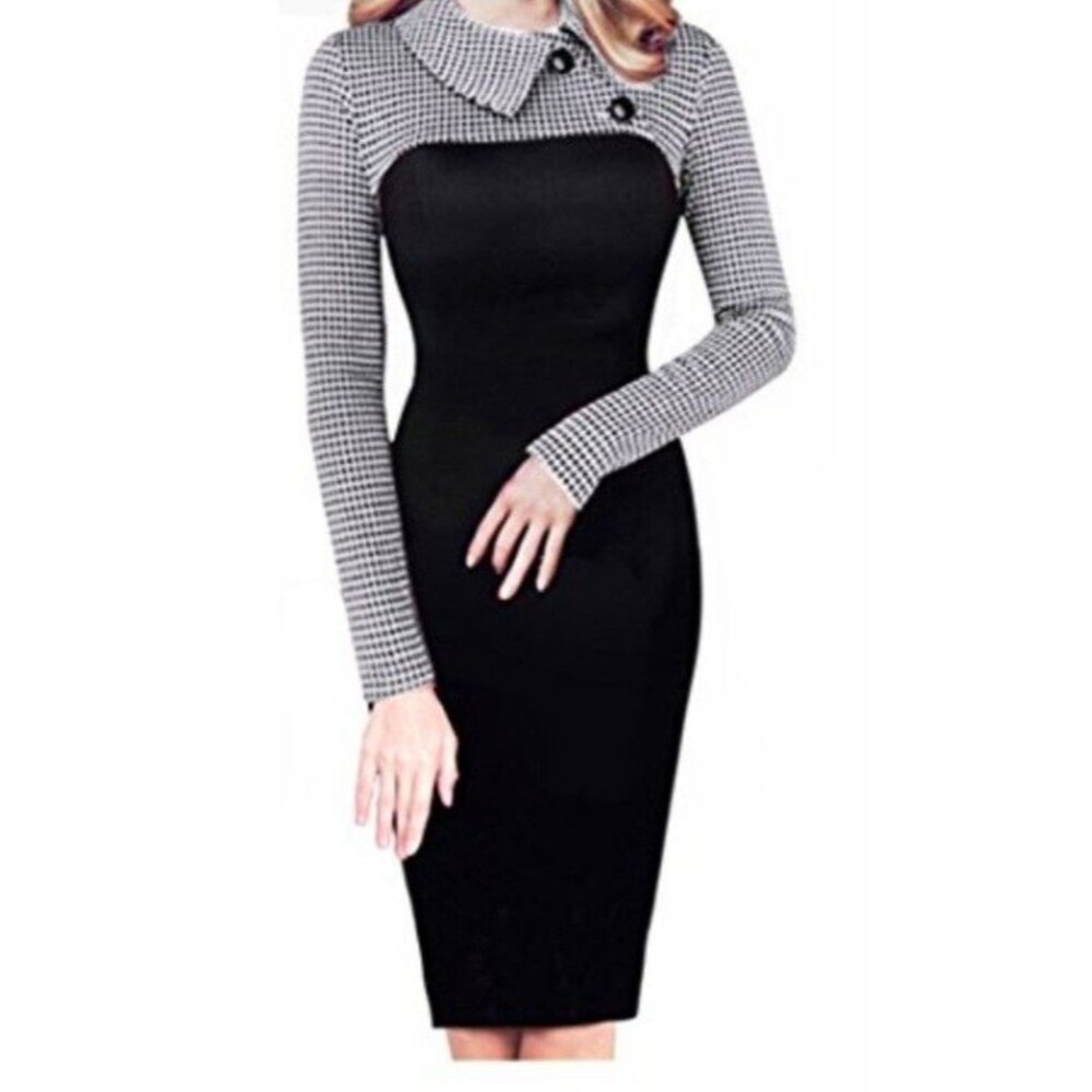 Nice Forever Black & White Collared Form Fitting Stretch Dress Sz 8 Eu 40 UK 12